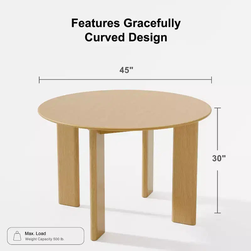 PexFix 45 Table de salle à manger de style campagnard en chêne massif avec plateau rond en bois, idéale pour les salles à manger modernes et les réunions de famille.