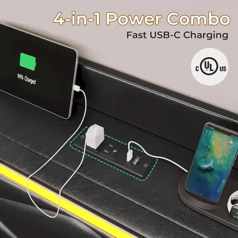 Cadre de lit avec lumières LED, tête de lit et station de charge USB-C/A, 4 tiroirs