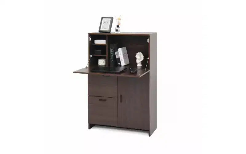 JVNOXK Meuble de bureau 31 pouces avec tiroirs de rangement et étagères, doté d'un plateau pliable, idéal pour les dortoirs et les petits espaces. Noyer