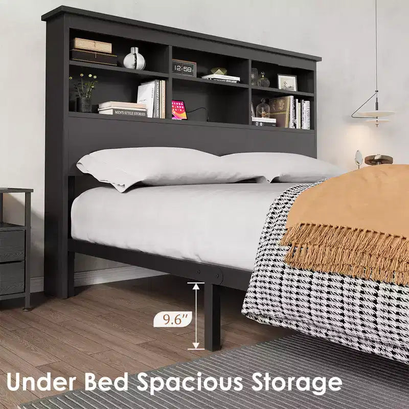 Cadre de lit King Size avec tête de lit bibliothèque, lit plateforme King Size avec rangement à 2 niveaux et station de recharge, aucun sommier tapissier requis, facile à monter, Noir