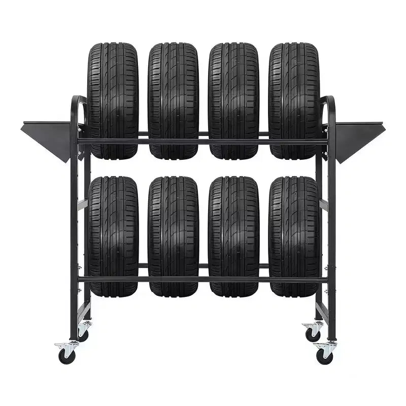 Support à pneus, capacité de 227 kg, support de rangement de pneus roulant réglable avec 2 étagères et 4 roulettes pivotantes pour garage, pneus de VUS et de camions, noir