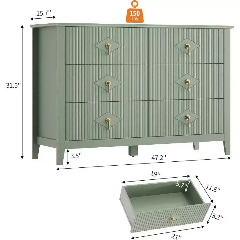 Acekool Commode cannelée à 6 tiroirs de 120 cm, Meuble de rangement moderne pour chambre à coucher, salon