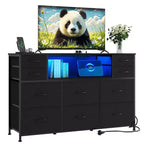 Commode de rangement à 10 tiroirs avec support TV, bande lumineuse LED et prises électriques, commode en tissu avec plateau en bois, meuble TV pour téléviseur de 55 pouces, commode de rangement