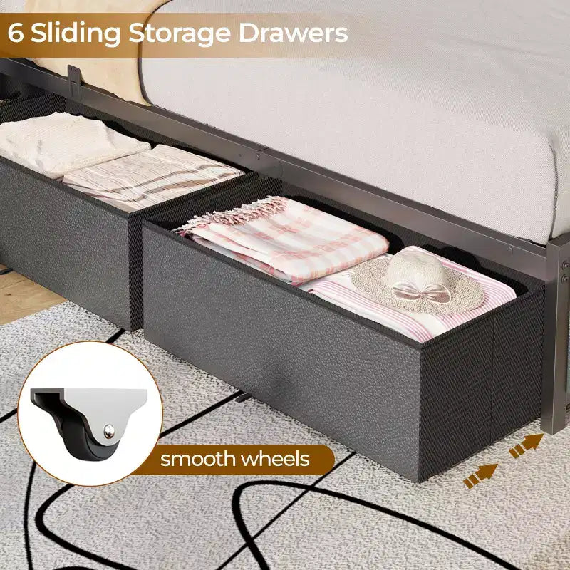 Cadre de lit double Qwatto avec 6 tiroirs, station de charge, lumières LED, tête de lit rembourrée en cuir PU, plateforme en métal, pas besoin de sommier.