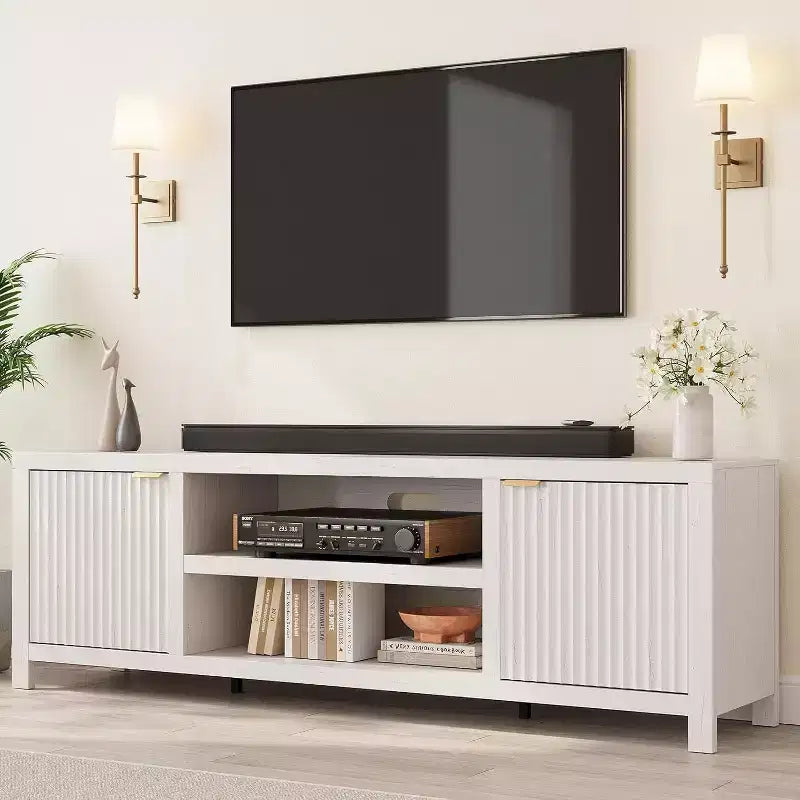 Meuble TV Acekool 70 moderne cannelé pour téléviseurs jusqu'à 80 pouces, console multimédia avec armoires de rangement, étagères réglables, centre de divertissement