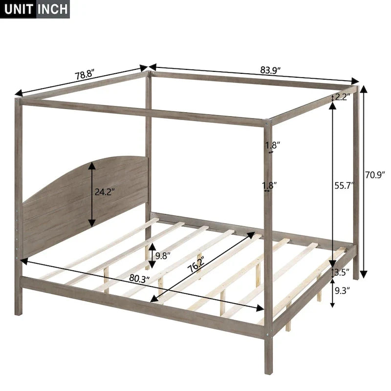 Lit plateforme à baldaquin King Size en pin avec tête de lit classique en bois, cadre de lit rembourré, aucun sommier tapissier requis, montage facile