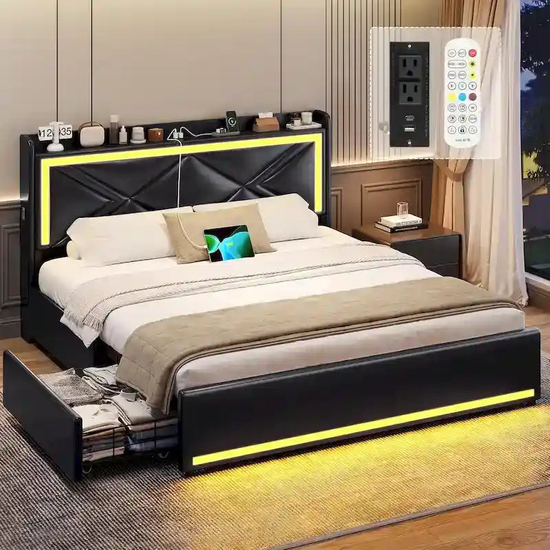 Cadre de lit avec lumières LED, tête de lit et station de charge USB-C/A, 4 tiroirs