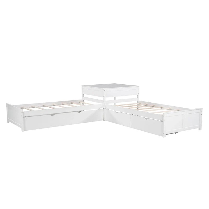 Lit plateforme en L moderne blanc de taille double avec lit gigogne et tiroirs pour chambre à coucher