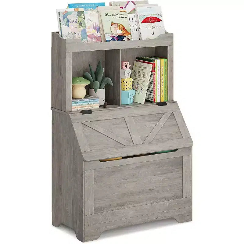Étagère à livres et organiseur de jouets pour enfants en bois de 121,4 cm de haut avec couvercle à rabat, organisateur de rangement de jouets pour garçons/filles pour salle de jeux/chambre à coucher