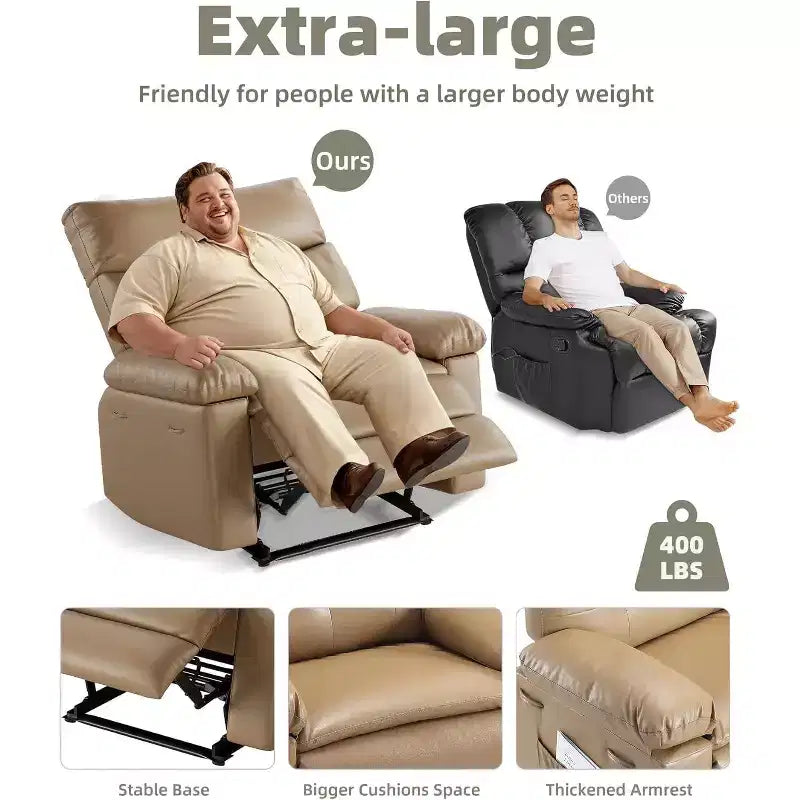 Fauteuil inclinable en cuir surdimensionné, inclinable manuel extra large, chaise longue avec accoudoirs et dossier confortables en éponge 1,5X pour salon, chambre