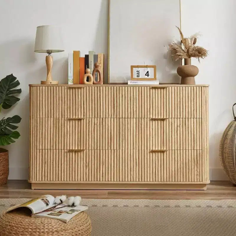 Commode à 6 tiroirs pour chambre à coucher, commode de 140 cm de large avec poignées dorées, meuble TV à tiroirs cannelés pour placard