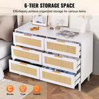 Commode 6 tiroirs en rotin VEVOR, commode bohème, commode en rotin avec rangement spacieux, commode en rotin naturel, blanc
