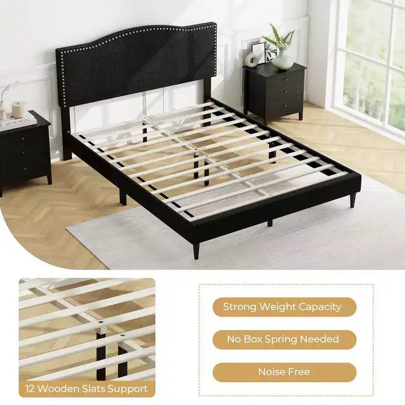 Cadre de lit rembourré Costway Queen Size avec tête de lit cloutée et support à lattes en bois