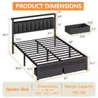 Cadre de lit Queen avec station de recharge, lumières LED, 2 tiroirs de rangement, tête de lit rembourrée grise, support métallique, pas besoin de sommier tapissier