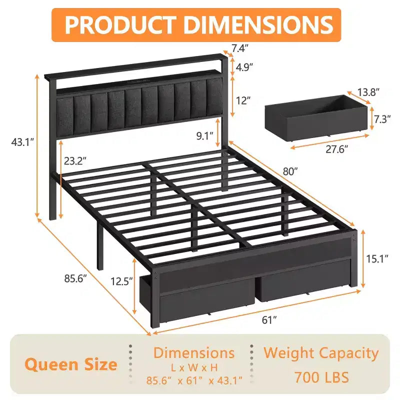 Cadre de lit Queen avec station de recharge, lumières LED, 2 tiroirs de rangement, tête de lit rembourrée grise, support métallique, pas besoin de sommier tapissier