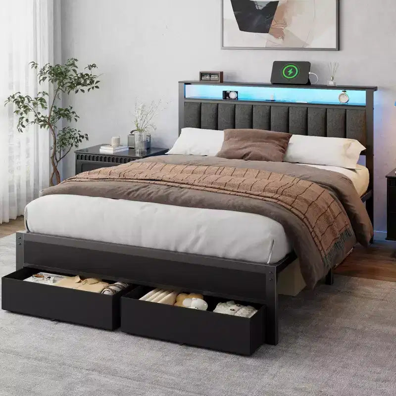 Cadre de lit Queen avec station de recharge, lumières LED, 2 tiroirs de rangement, tête de lit rembourrée grise, support métallique, pas besoin de sommier tapissier