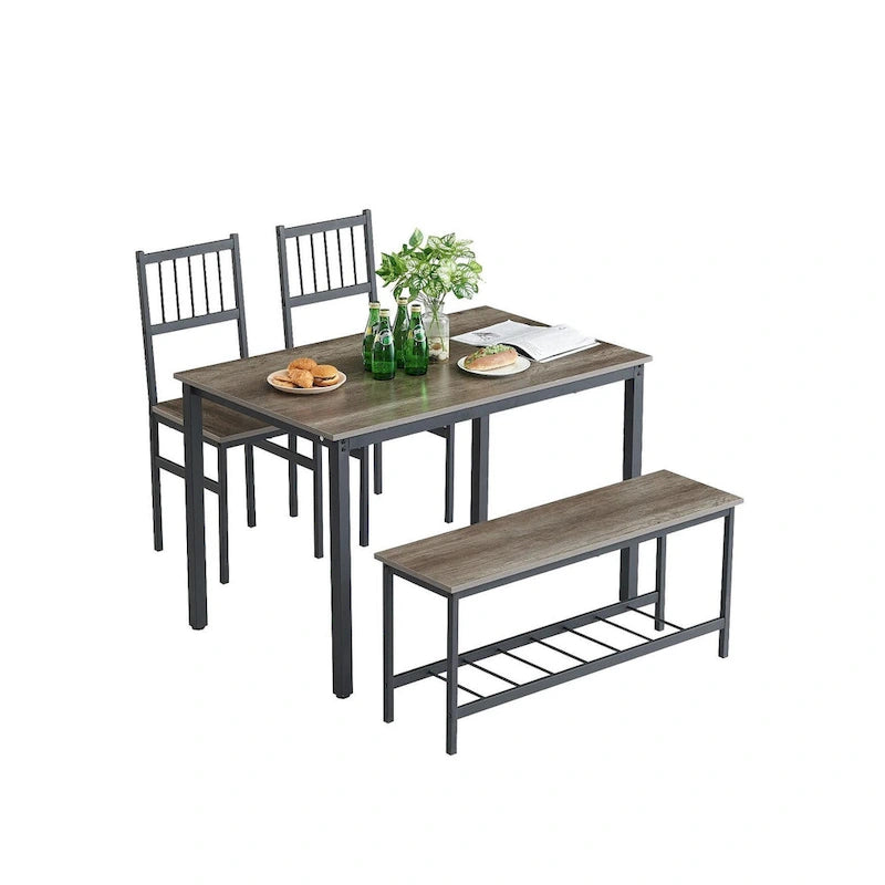 Ensemble Table à Manger pour 4 personnes Table de Cuisine avec Bancs et 2 Chaises Plateau en Bois et Cadre en Métal Coin Repas