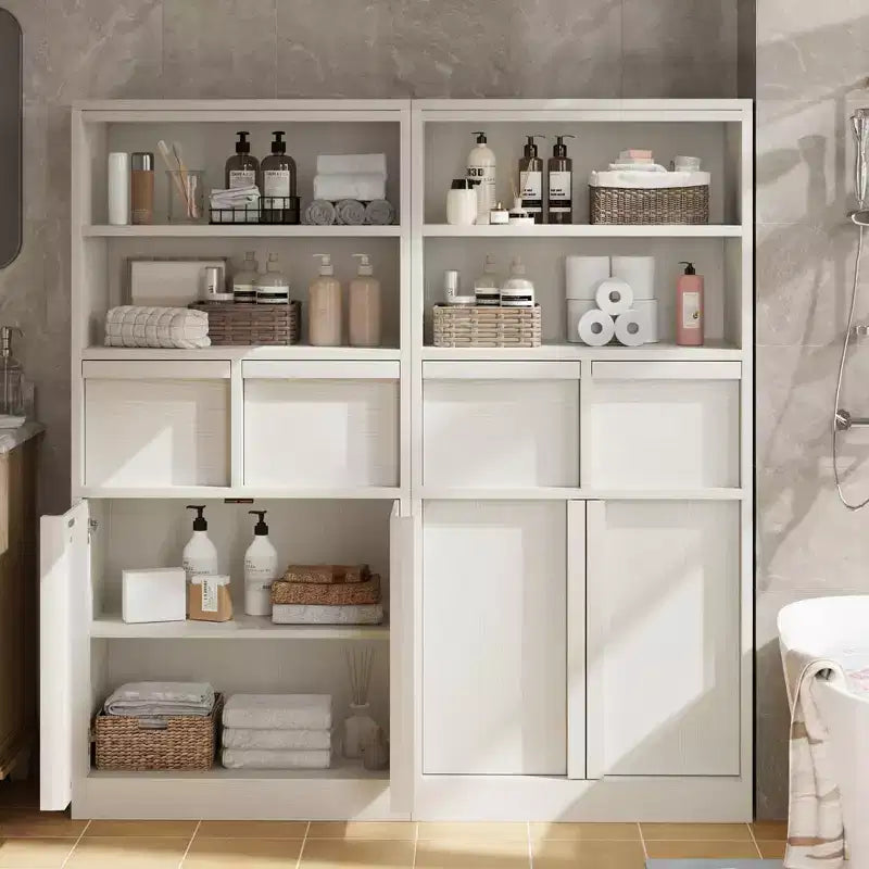 Meuble de Rangement Salle de Bain Haut de 129 cm, Meuble Bas Autonome avec 2 Tiroirs, Meuble de Rangement pour Salon Cuisine Salle de Bain