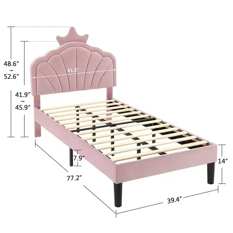 Cadre de lit enfant capitonné VECELO en forme de couronne, lit plateforme en bois avec tête de lit réglable, pas besoin de sommier tapissier