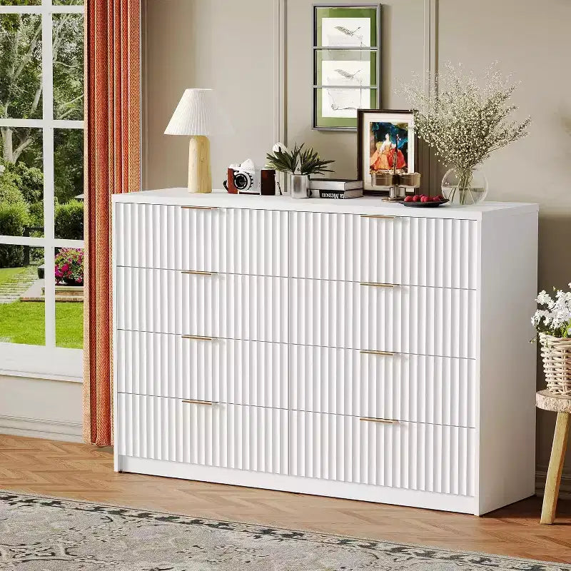 Commode à 8 tiroirs pour chambre à coucher, grande commode cannelée, organisateur de rangement en bois, armoire de rangement pour chambre à coucher, salon, maison