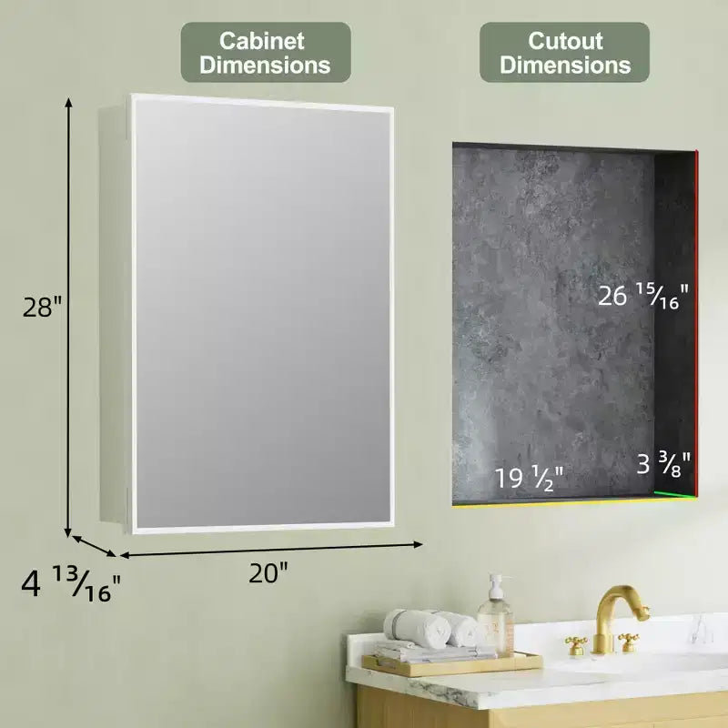 Armoire à pharmacie Elise avec miroir, armoire de salle de bain à montage en surface ou encastré, étagères réglables en verre trempé, réversible