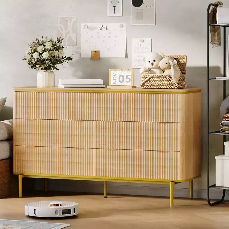 COZONY Commode cannelée 7 tiroirs, 137 cm de large, meuble de rangement moderne en bois avec design incurvé et poignées métalliques pour chambre à coucher ou salon
