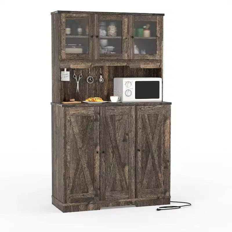 Armoire de cuisine haute de 71 po avec station de recharge, vaisselier de style rustique avec support à micro-ondes et comptoir ouvert pour salon ou salle à manger