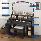 Coiffeuse, coiffeuse avec miroir et 9 ampoules LED, grands tiroirs et trois niveaux de rangement et d'étagères ouvertes pour chambre, blanc