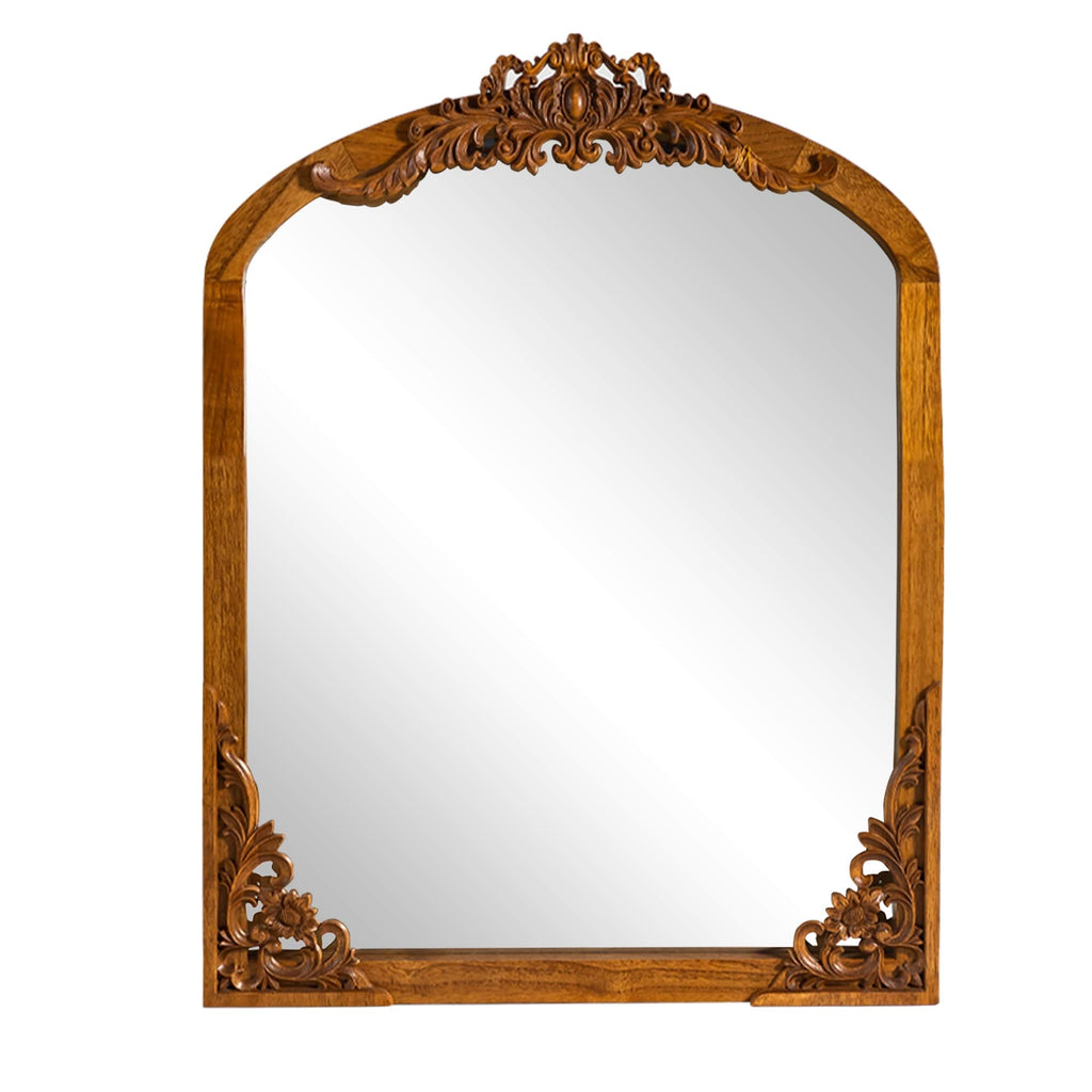 Miroir sur pied en bois massif sculpté en plein cintre