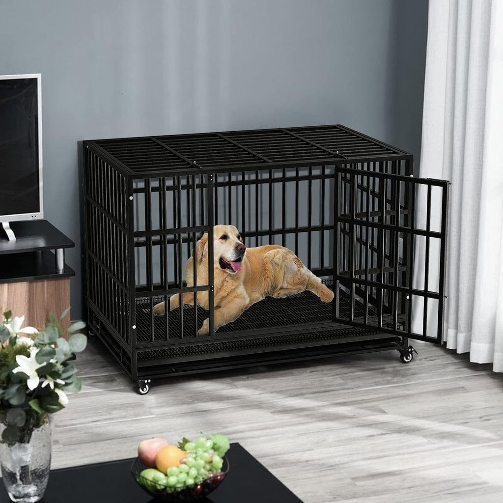 BOSSIN Cage pour Chien Robuste Indestructible 48/38 Pouces, Niche Anti-Évasion avec Roues Verrouillables