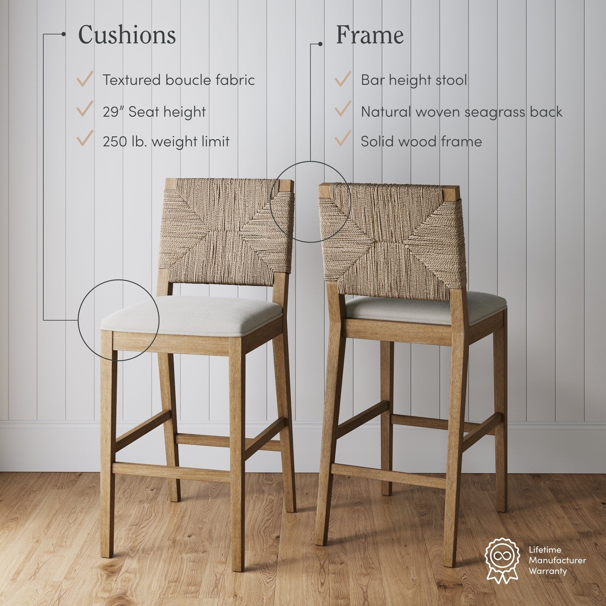 Tabouret de bar Beacon Bohemian Boucle, Chaise de comptoir rembourrée avec structure en bois massif et dossier en jonc de mer tressé