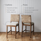 Tabouret de bar Beacon Bohemian Boucle, Chaise de comptoir rembourrée avec structure en bois massif et dossier en jonc de mer tressé