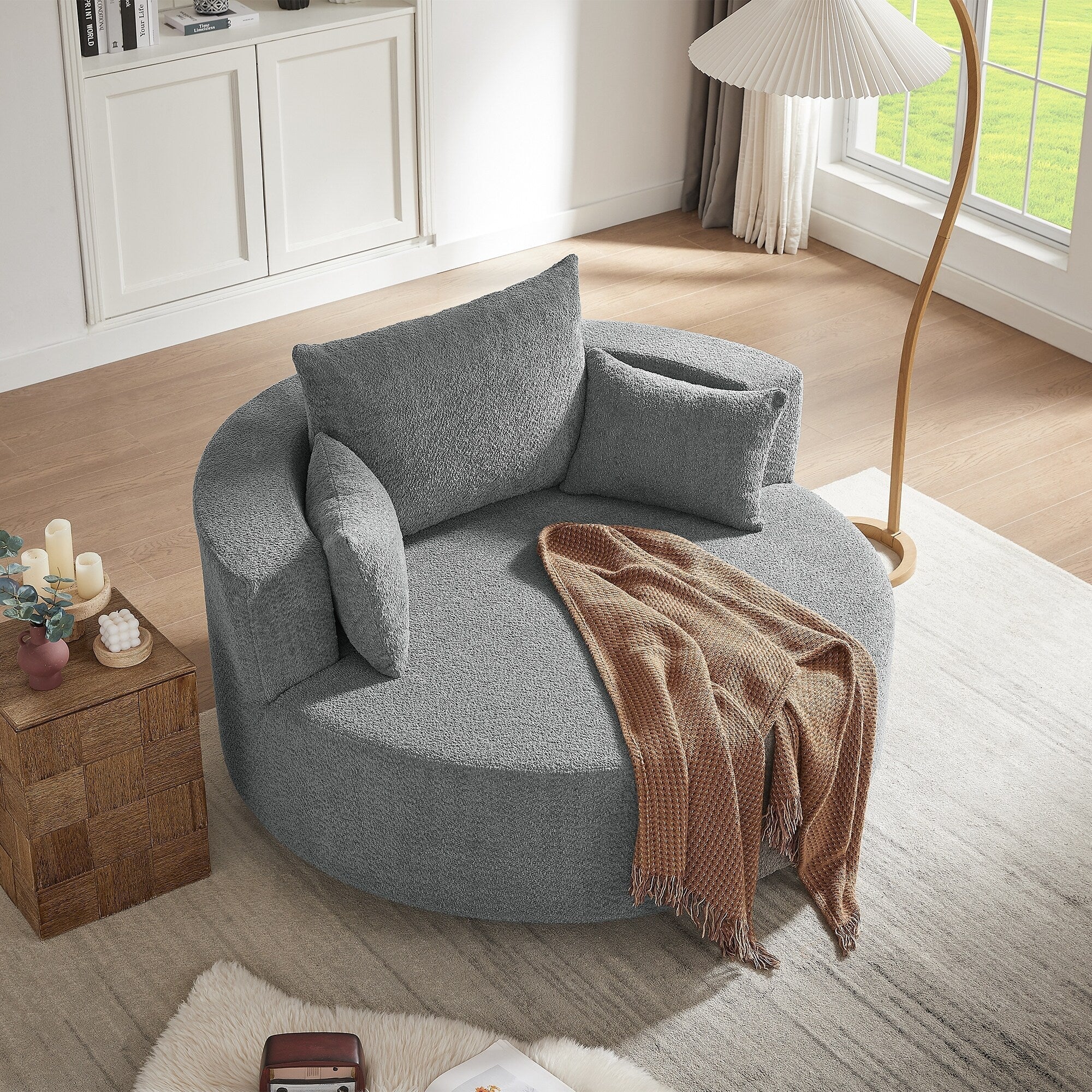Fauteuil baril accent en chenille, Fauteuil de salon, Fauteuil rond avec base pivotante à 360 degrés et 3 coussins amovibles