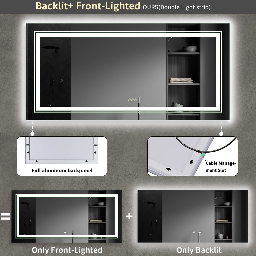 Miroir de Salle de Bain LED Extra Large Mural Anti-Buée Maquillage 3 Couleurs