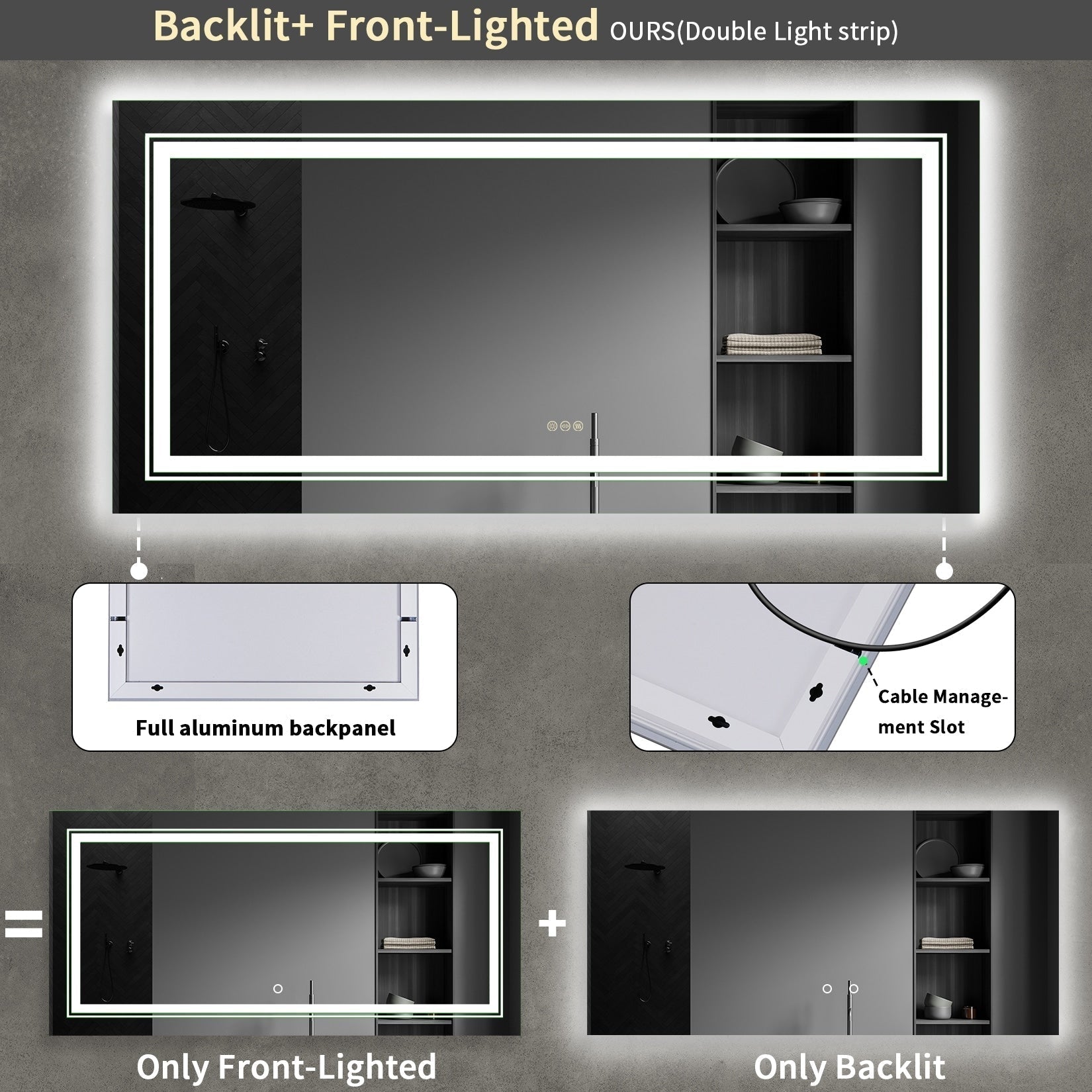 Miroir de Salle de Bain LED Extra Large Mural Anti-Buée Maquillage 3 Couleurs
