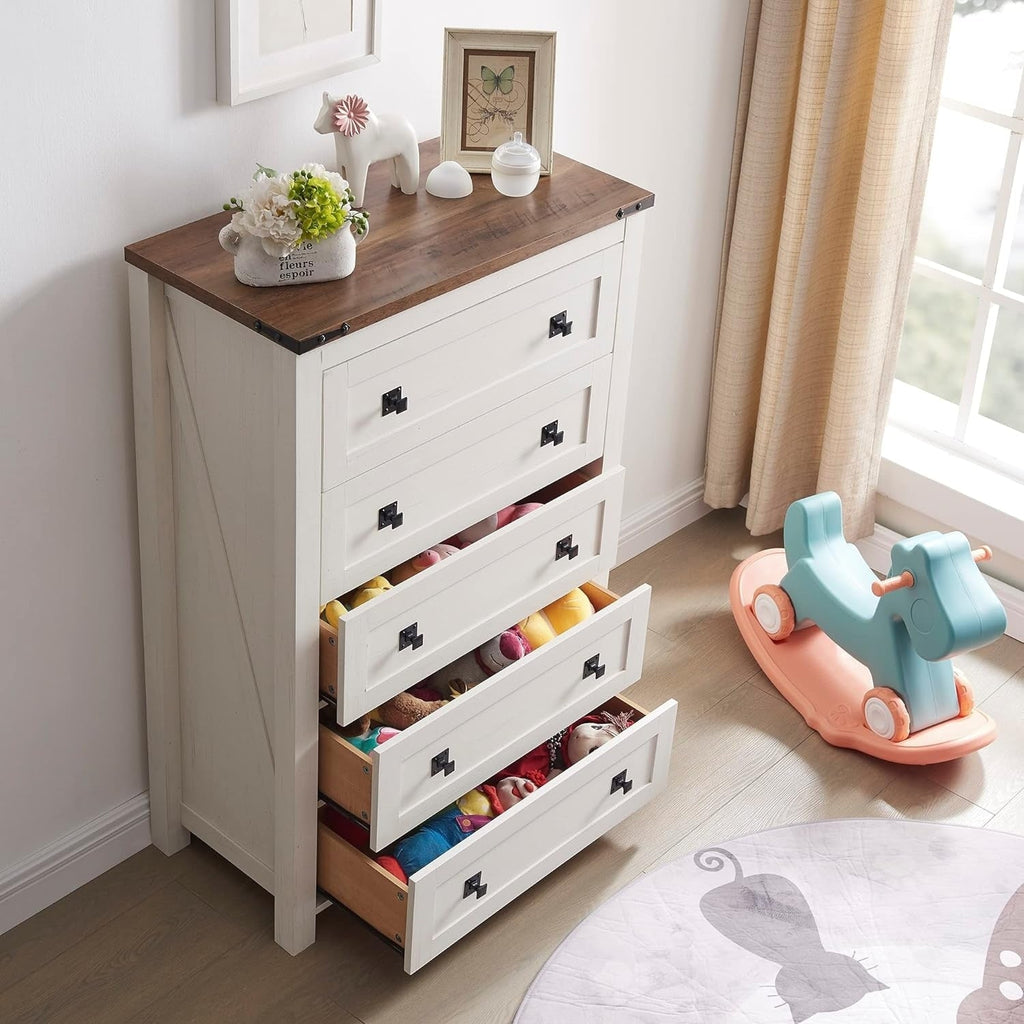 Commode en bois de style campagnard, 5 tiroirs, 122 cm de hauteur, pour chambre à coucher