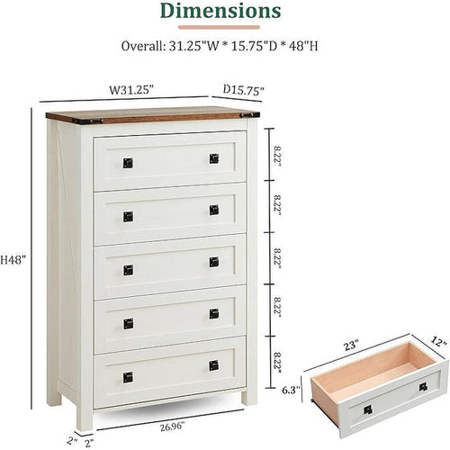 Commode en bois de style campagnard, 5 tiroirs, 122 cm de hauteur, pour chambre à coucher