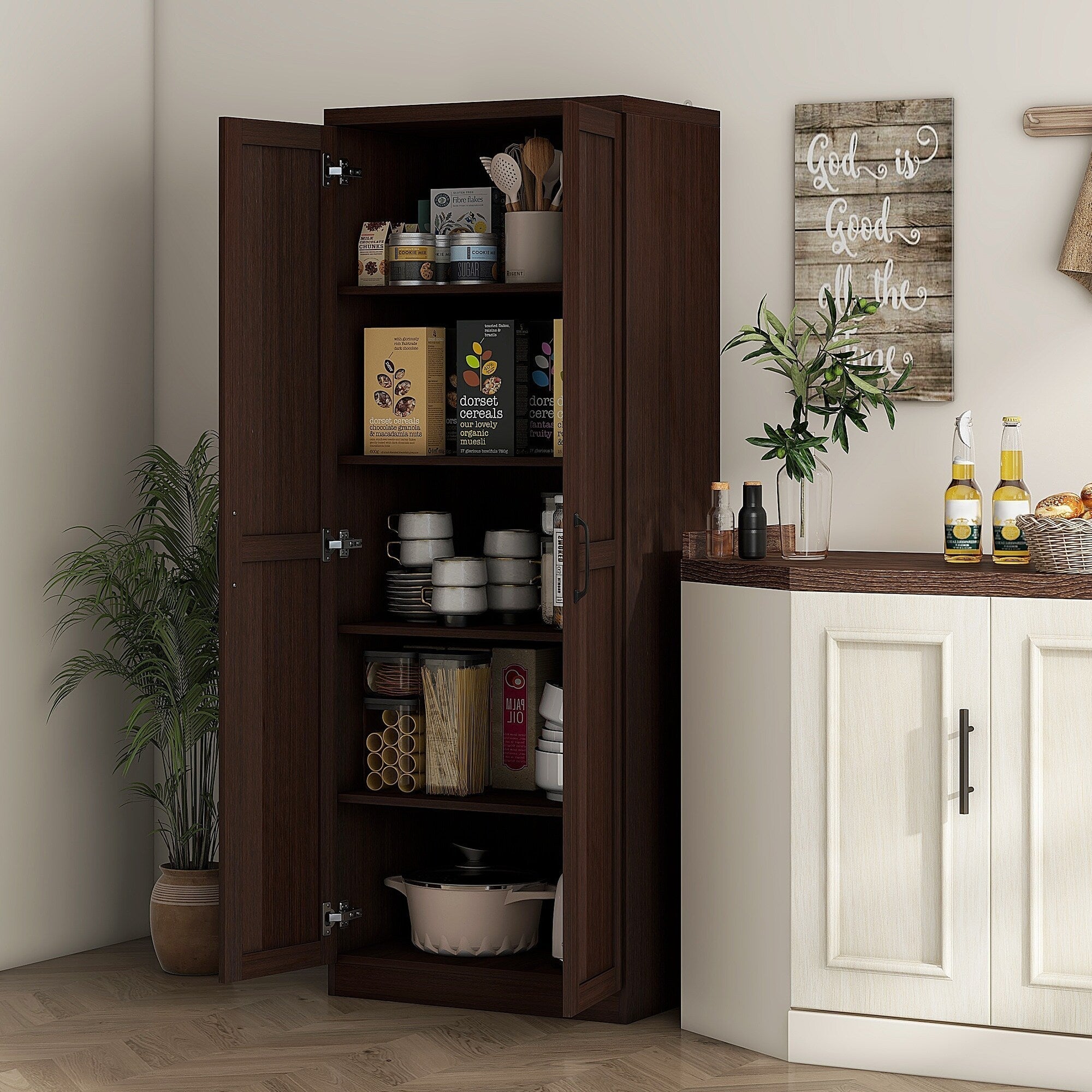 HOMCOM Garde-manger de cuisine 63 pouces à 2 portes, armoire de rangement autoportante avec 5 étagères et 2 étagères réglables pour salle à manger