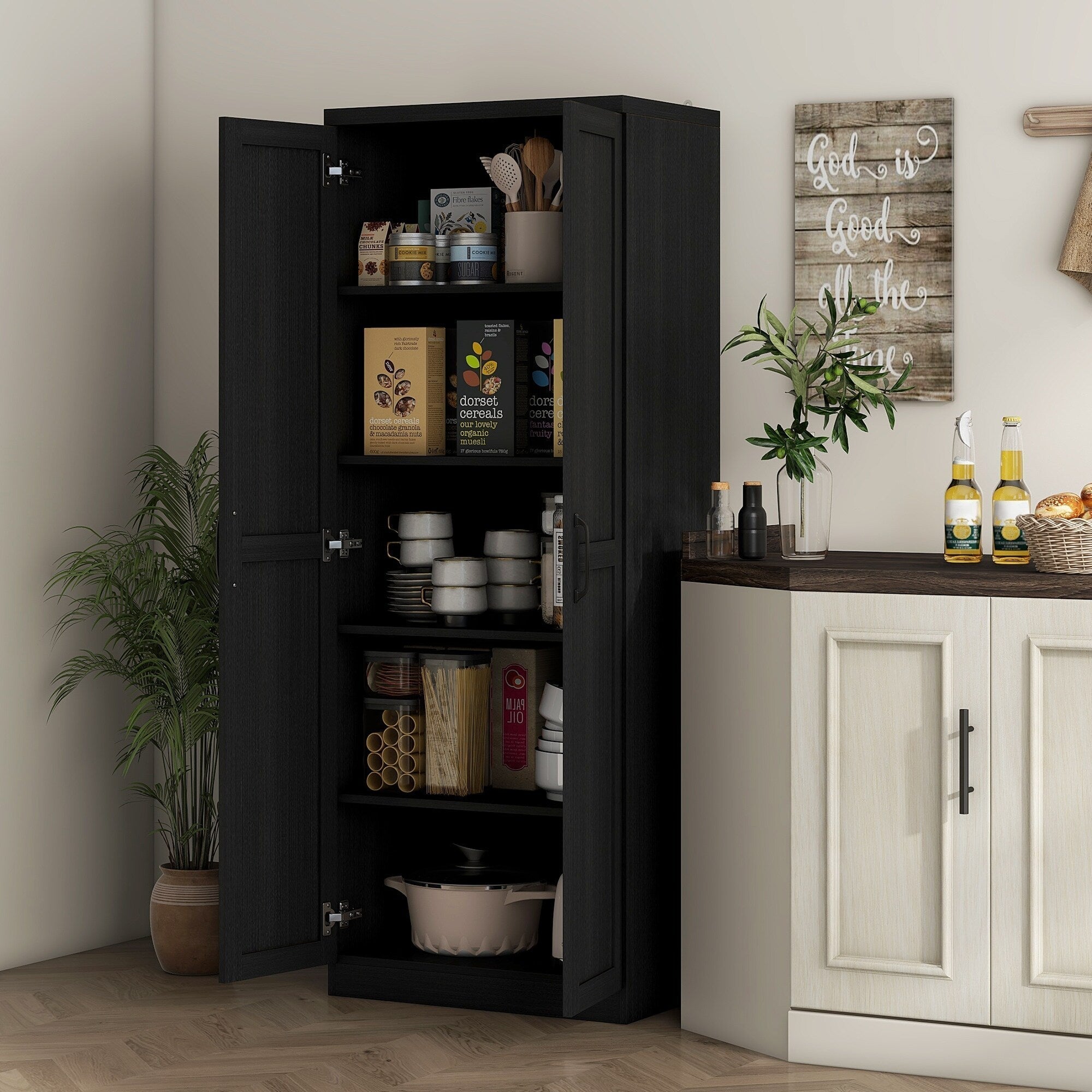 HOMCOM Garde-manger de cuisine 63 pouces à 2 portes, armoire de rangement autoportante avec 5 étagères et 2 étagères réglables pour salle à manger