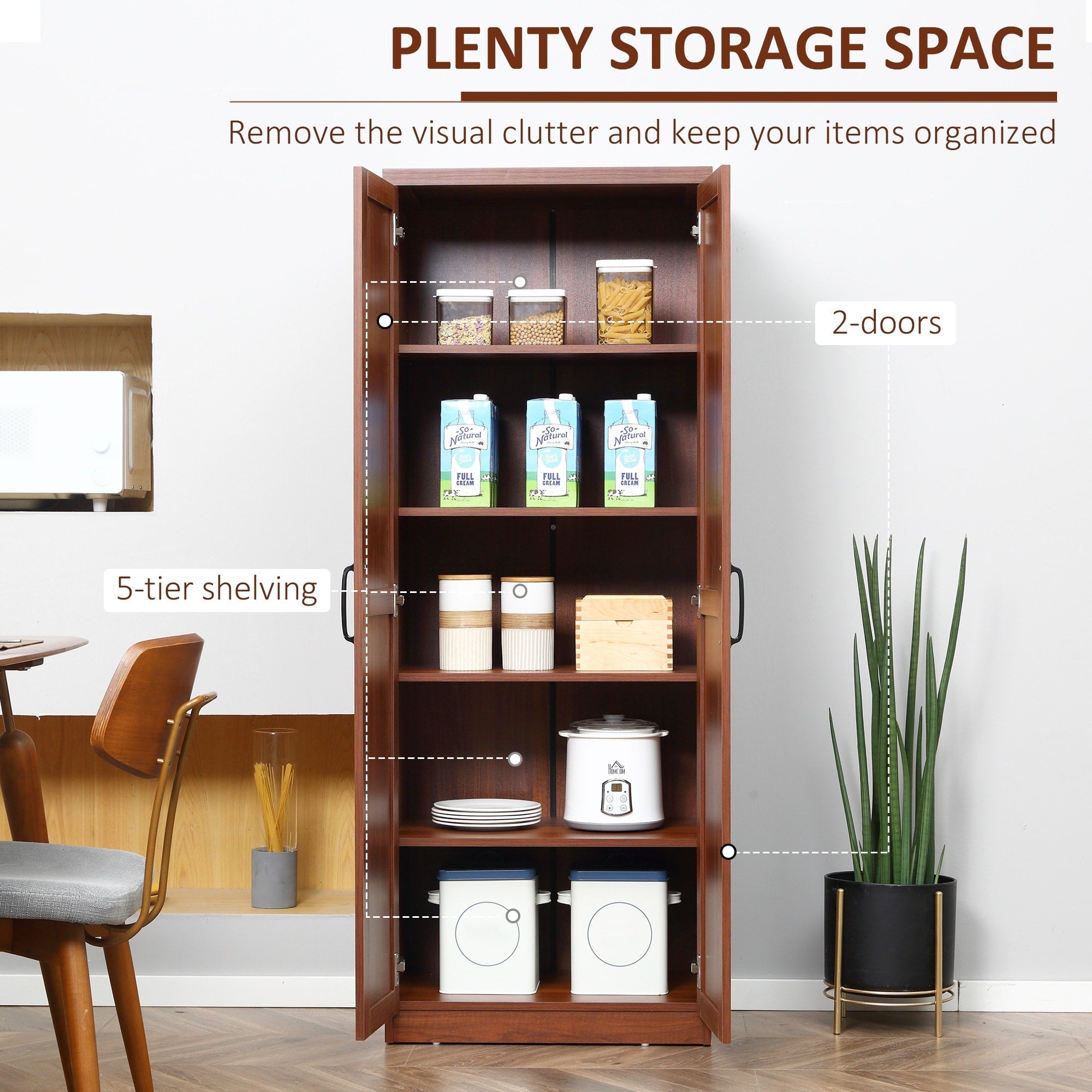 HOMCOM Garde-manger de cuisine 63 pouces à 2 portes, armoire de rangement autoportante avec 5 étagères et 2 étagères réglables pour salle à manger