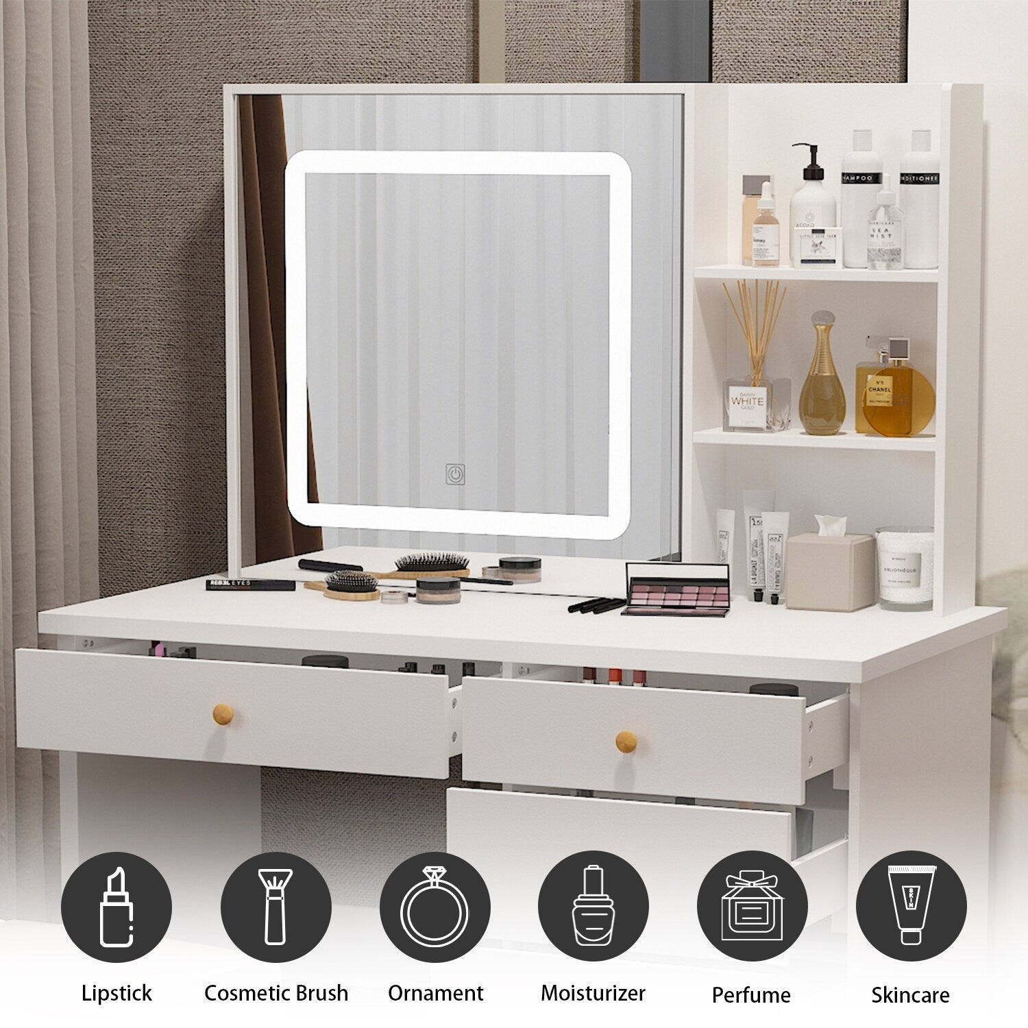 Coiffeuse Kerrogee avec miroir éclairé réglable et tabouret - 100L x 50l x 136H