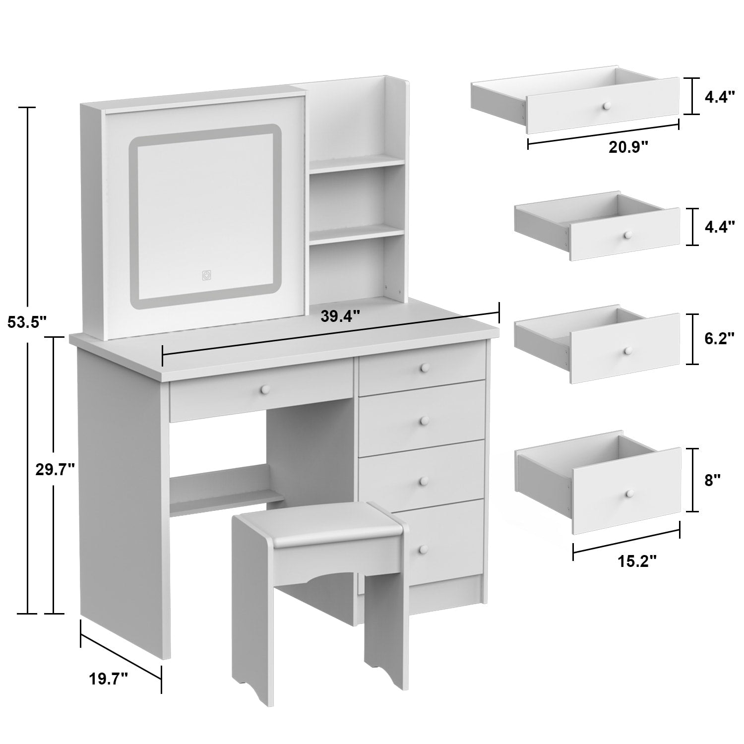 Coiffeuse Kerrogee avec miroir éclairé réglable et tabouret - 100L x 50l x 136H