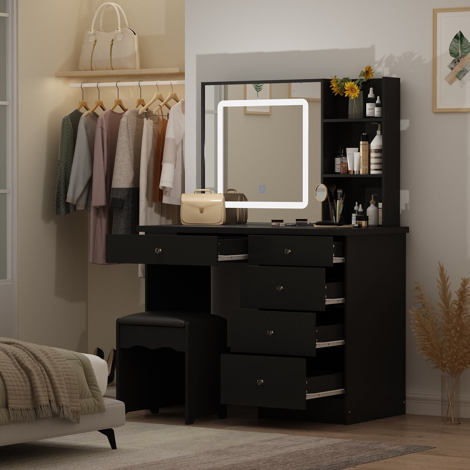 Coiffeuse Kerrogee avec miroir éclairé réglable et tabouret - 100L x 50l x 136H