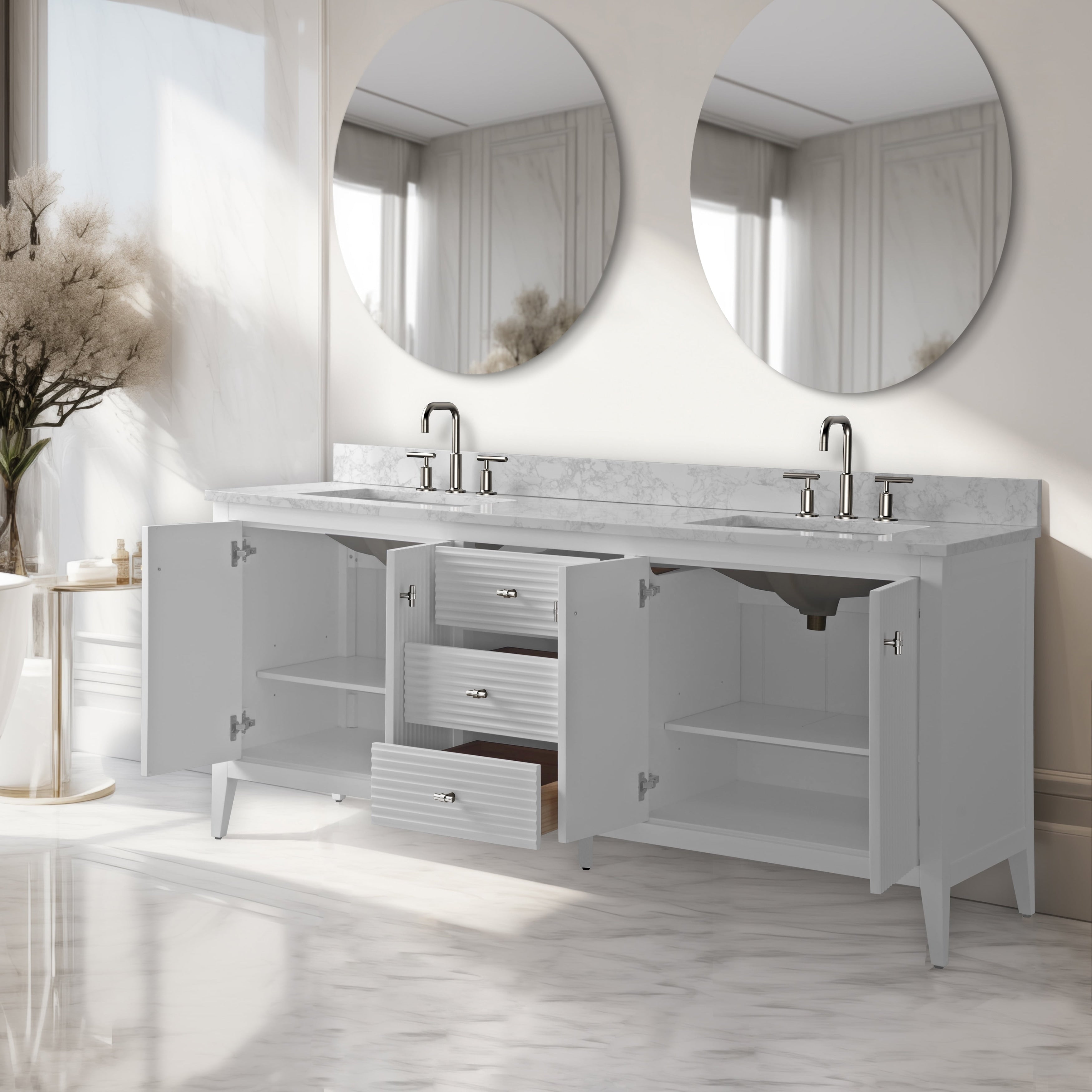 Meuble-lavabo de salle de bain Vanity Art 72 po à double vasque avec dessus en marbre reconstitué
