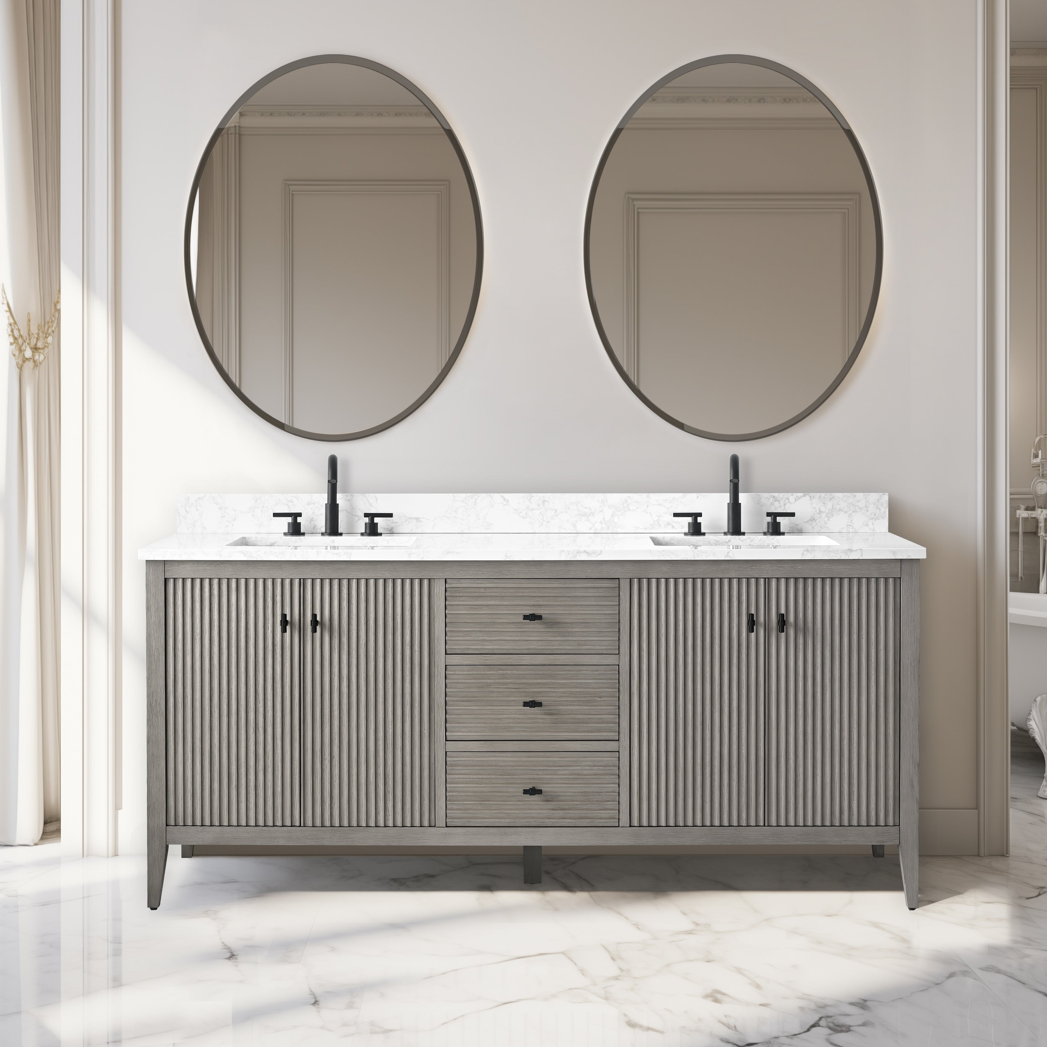 Meuble-lavabo de salle de bain Vanity Art 72 po à double vasque avec dessus en marbre reconstitué