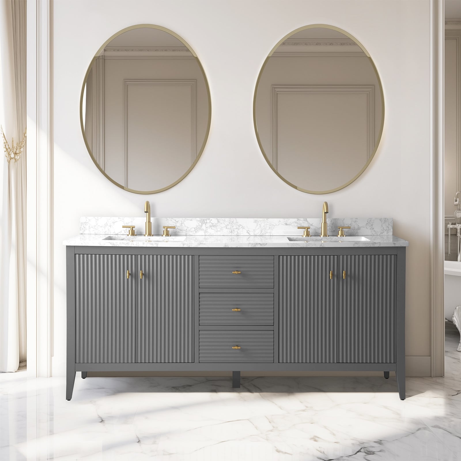 Meuble-lavabo de salle de bain Vanity Art 72 po à double vasque avec dessus en marbre reconstitué