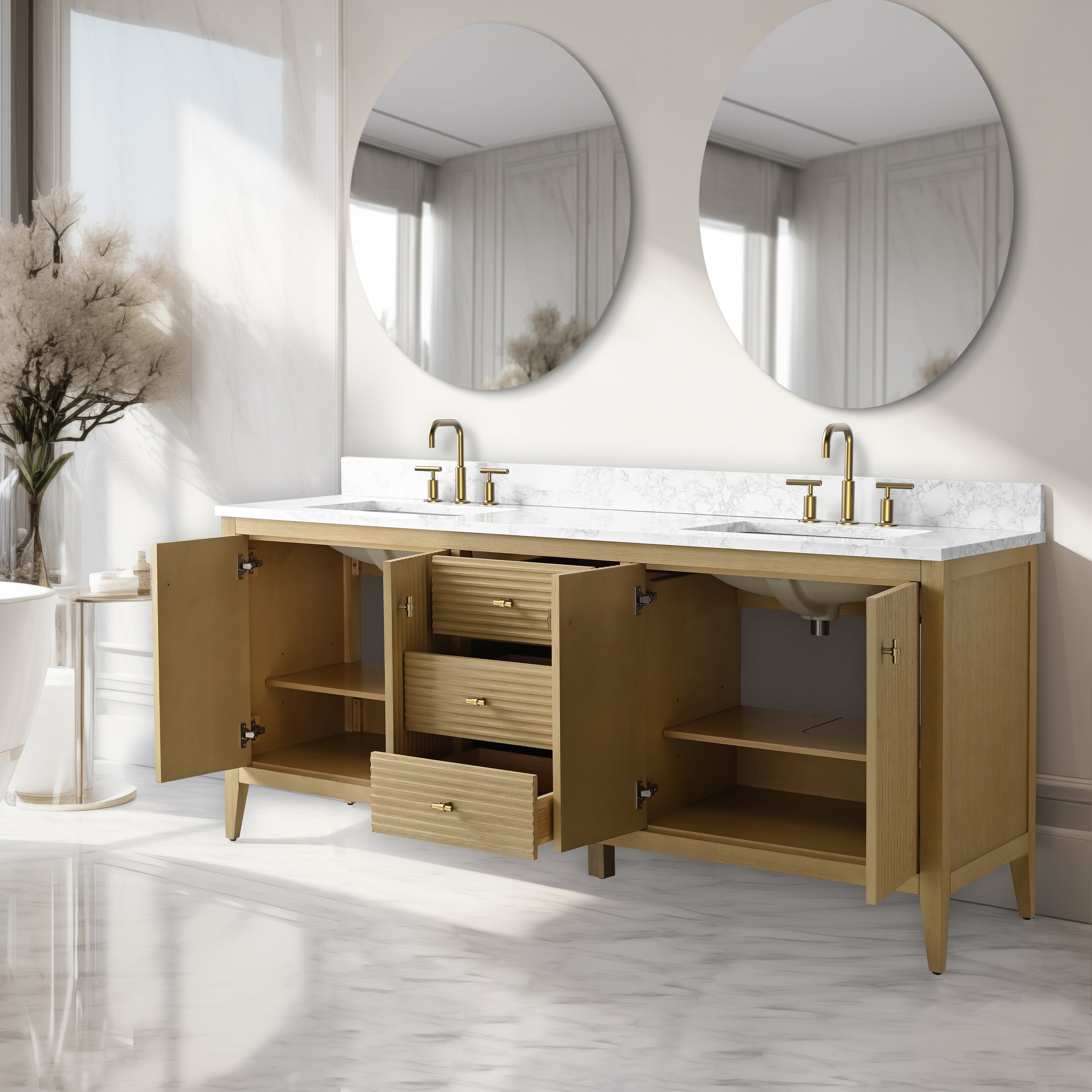 Meuble-lavabo de salle de bain Vanity Art 72 po à double vasque avec dessus en marbre reconstitué
