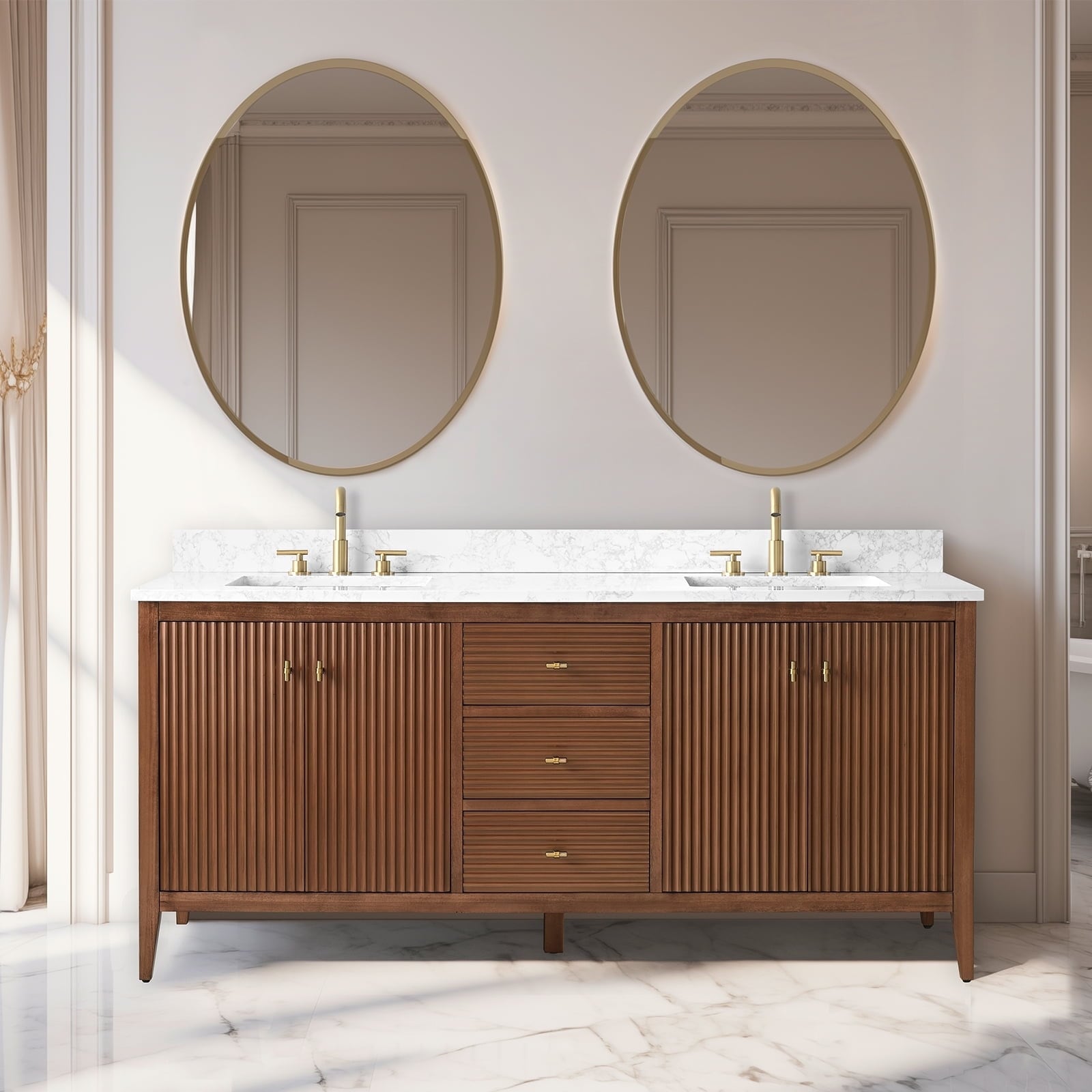Meuble-lavabo de salle de bain Vanity Art 72 po à double vasque avec dessus en marbre reconstitué