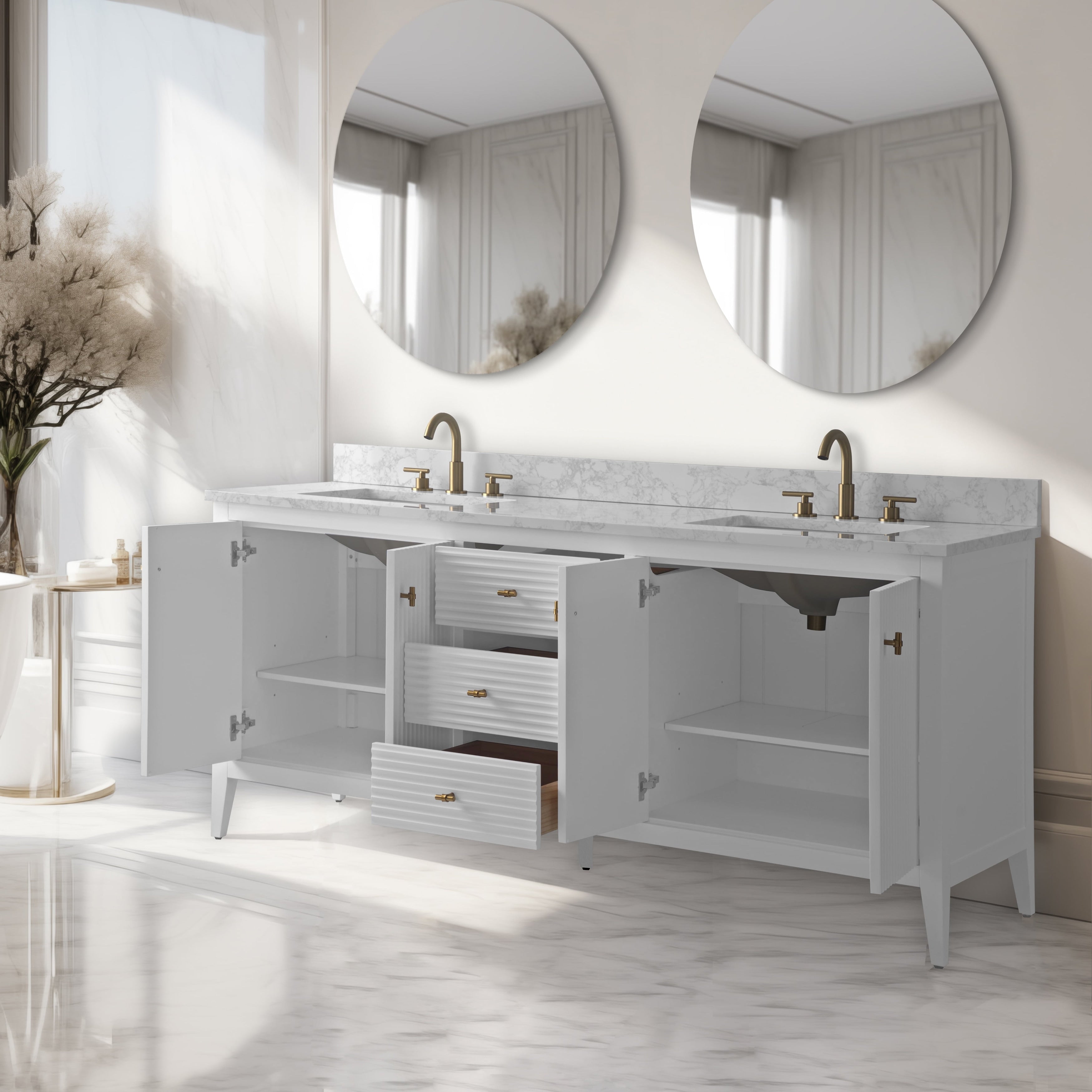 Meuble-lavabo de salle de bain Vanity Art 72 po à double vasque avec dessus en marbre reconstitué
