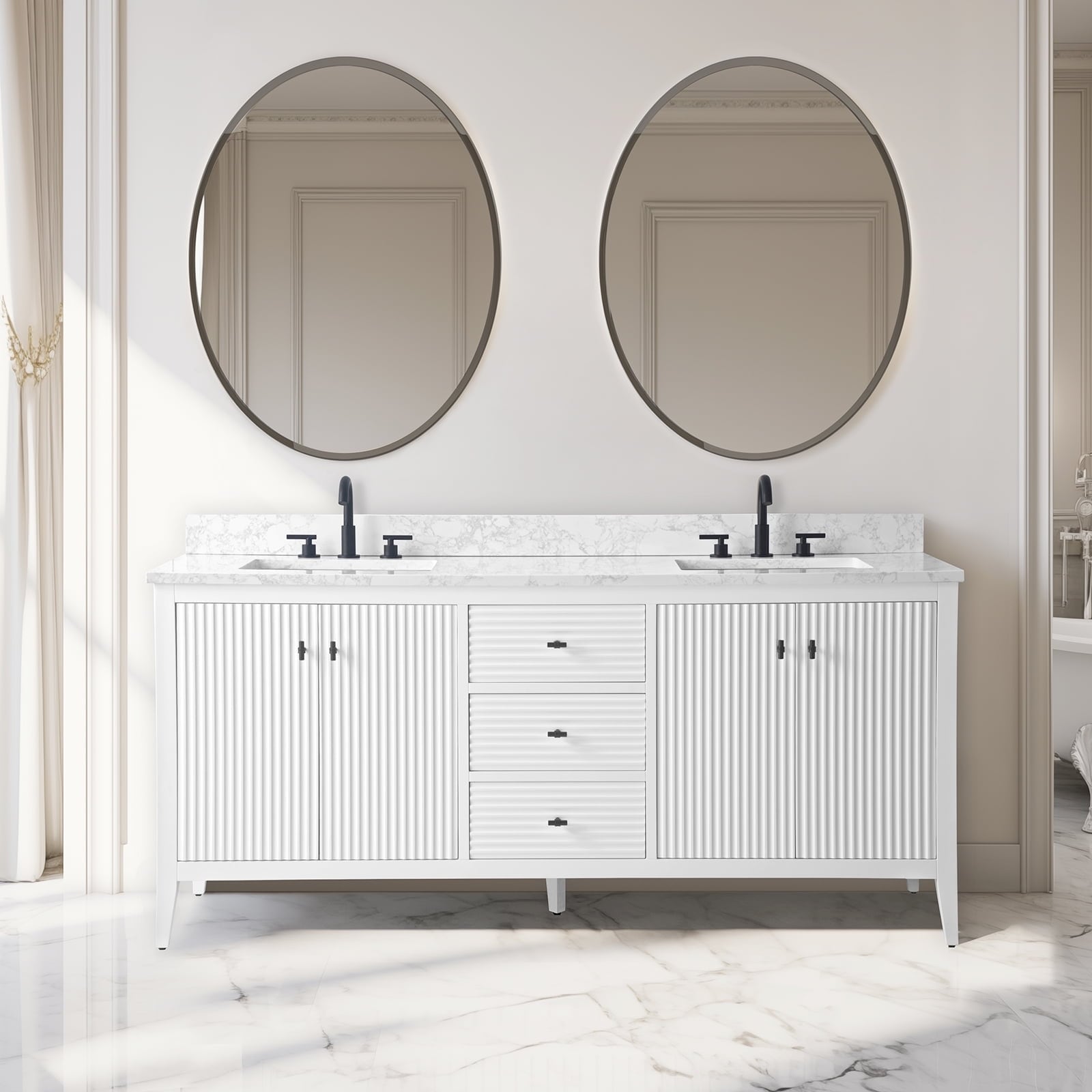 Meuble-lavabo de salle de bain Vanity Art 72 po à double vasque avec dessus en marbre reconstitué